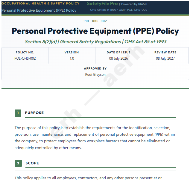 Sample generated PPE policy document