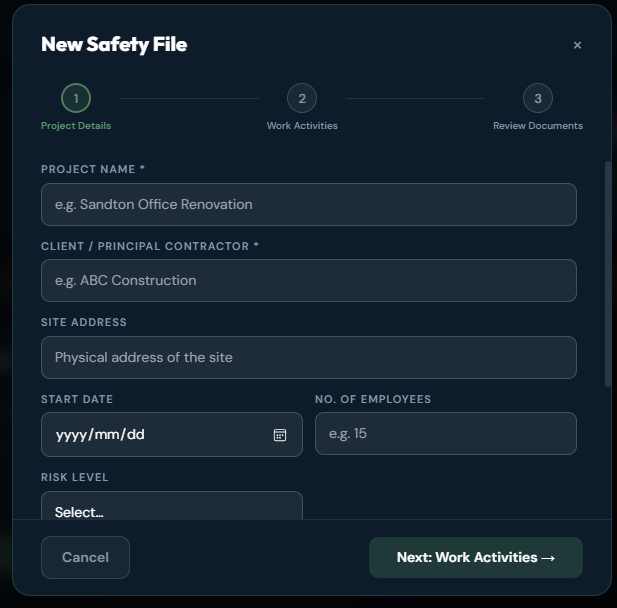 New Safety File — project details step