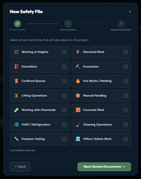 New Safety File — work activities step