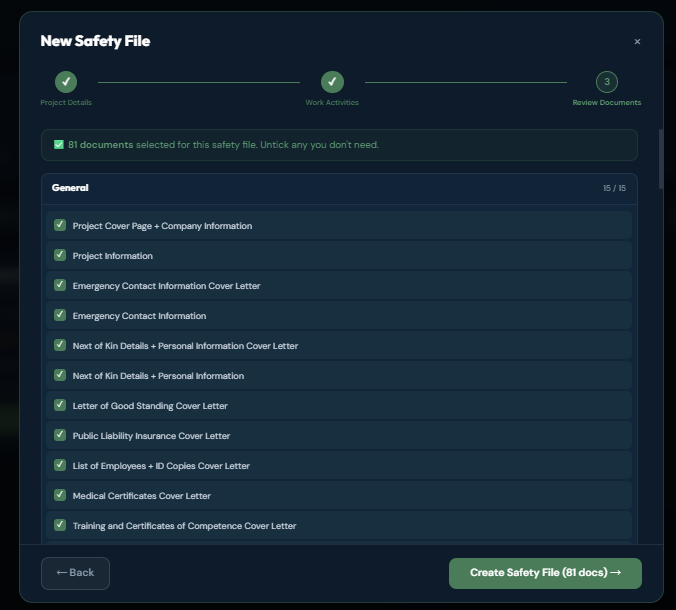 New Safety File — review documents step